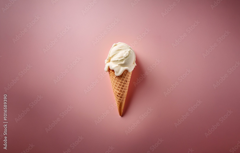 A melting ice cream cone sits against a pink background. A melting ice cream cone sits against a pink background.