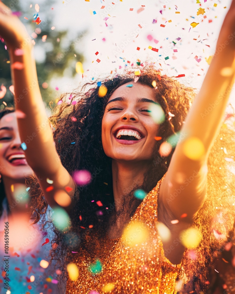 Obraz premium Joyful Friends Celebrating Outdoors with Colorful Confetti in Festive Summer Attire
