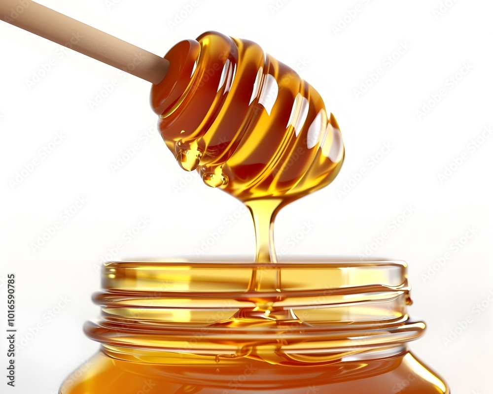 Golden Honey Dripping from Dipper into Clear Glass Jar on White Background