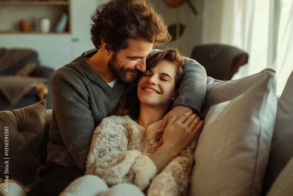 Couple embracing on couch in living room. Man with gray sweater, beard, woman with white sweater, long hair. Smiling, resting heads on, closeness, affection. Natural, soft textures, gray, white, cozy Couple embracing on couch in living room. Man with gray sweater, beard, woman with white sweater, long hair. Smiling, resting heads on, closeness, affection. Natural, soft textures, gray, white, cozy