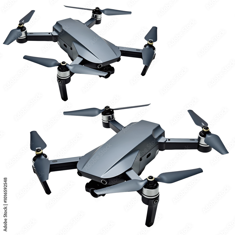Dual Drone Power: Two sleek, gray drones poised for flight, showcasing their powerful design and advanced technology.  Perfect for aerial photography, videography, or drone racing. 