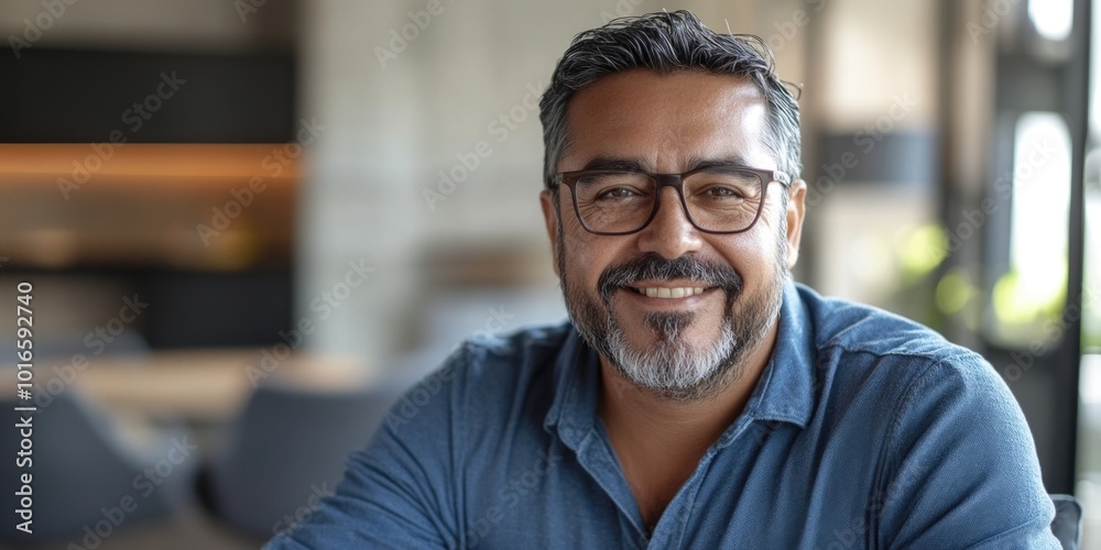 Bearded Man in Blue Shirt, Smiling and Posing for Portrait