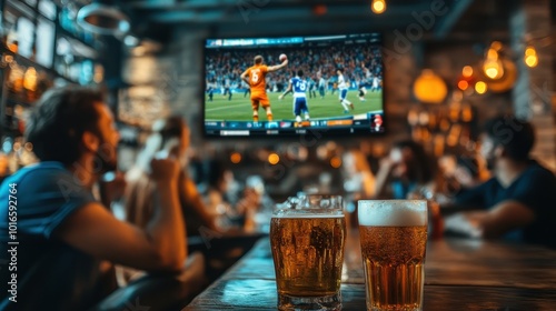 Patrons gather in a dimly lit pub, cheering for their favorite team while enjoying cold beers