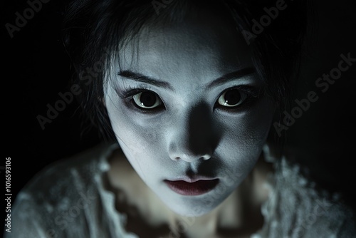 Portrait of an Asian woman with ghost bride makeup, featuring pale skin and dark, hollow eyes, copy space in the middle, in a black background, Halloween theme, eerie and melancholic, soft eerie 