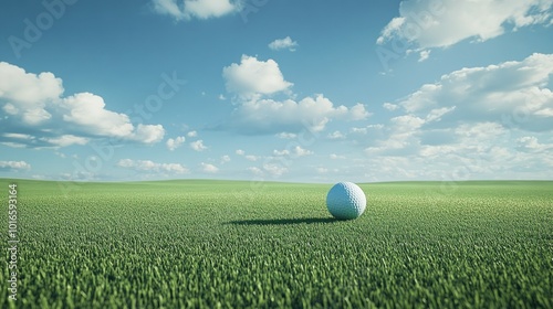 Golf ball and tee on a green field, with ample room for copy in the sky
