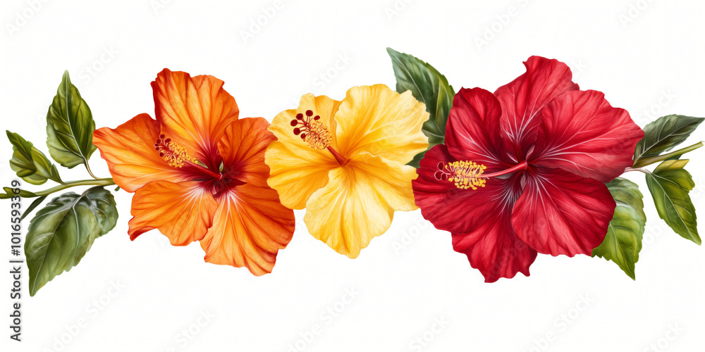 Obraz premium A vibrant bouquet of colorful flowers including hibiscus, with blossoms in shades of red, yellow, orange, and pink, captured in a close-up, isolated against a plain background