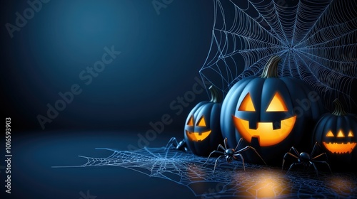 Halloween decorations with glowing pumpkins and spider webs, room for text