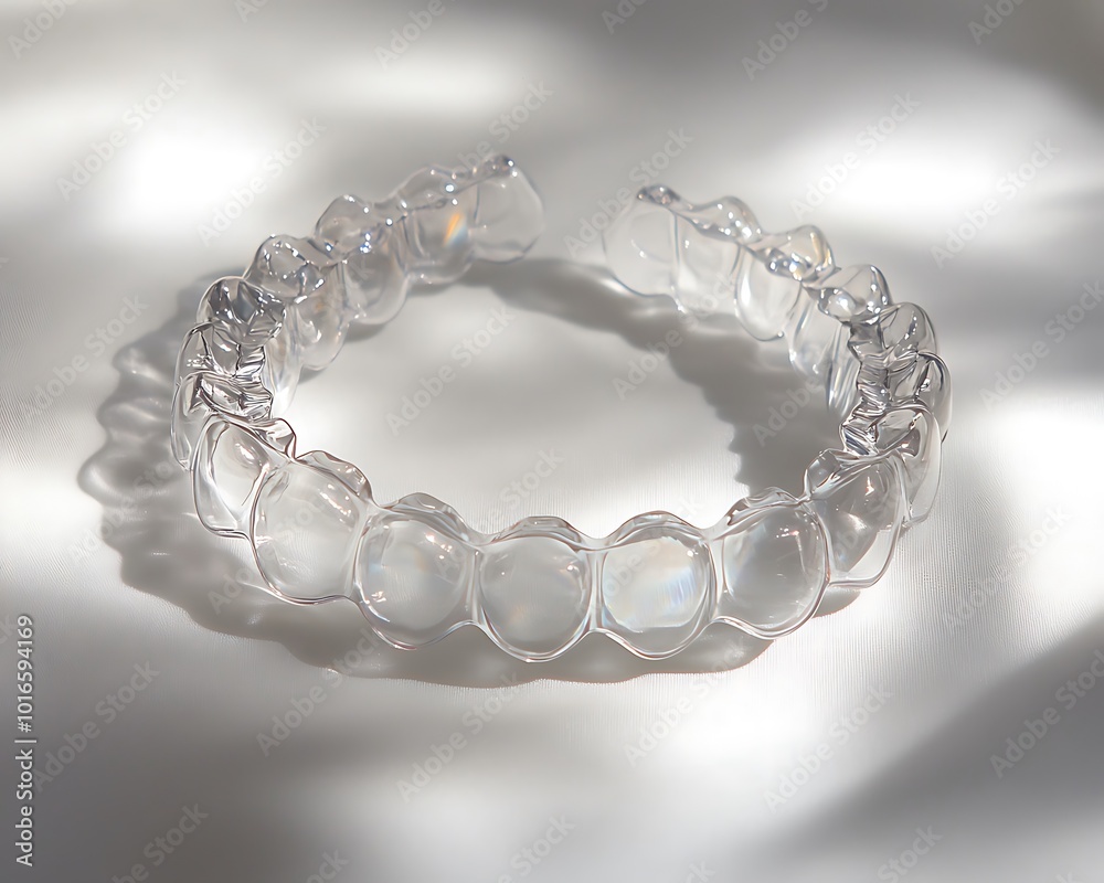 A clear dental aligner reflecting light, showcasing its transparent design and smooth edges A clear dental aligner reflecting light, showcasing its transparent design and smooth edges