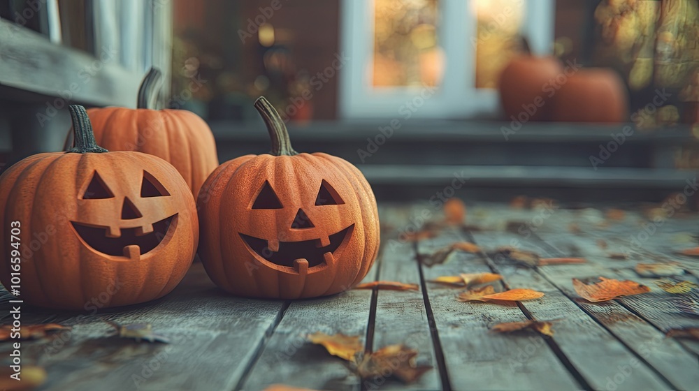 Halloween pumpkins on a wooden porch, with room for text in the background Halloween pumpkins on a wooden porch, with room for text in the background