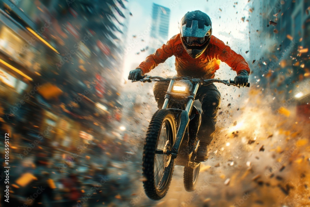 Naklejka premium Bold Rider Exploring City’s Hidden Alleys and Rooftops