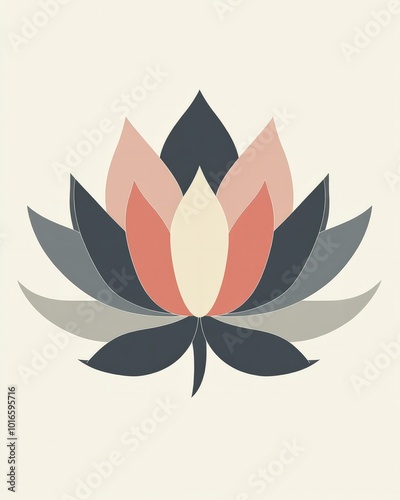 A flat design lotus vector using soft, muted colors, with smooth curves and rounded petals, ideal for clean and contemporary branding