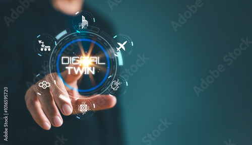 Digital twin with ai artificial intelligence software concept. BIM innovation computing engineering process background. Businessman using virtual touch screen presses: digital model big data system