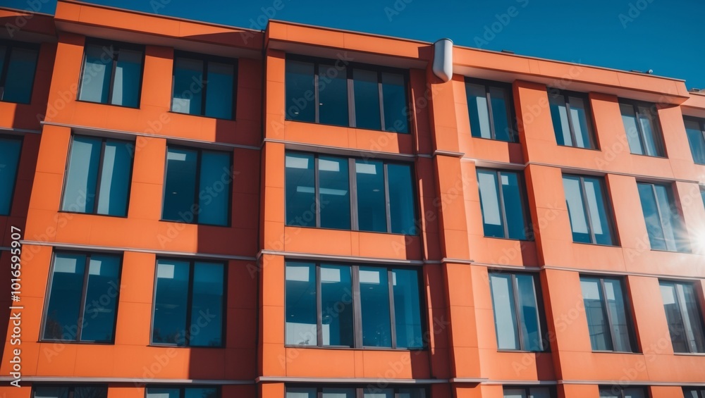 A modern building with orange facade under clear blue skies A modern building with orange facade under clear blue skies