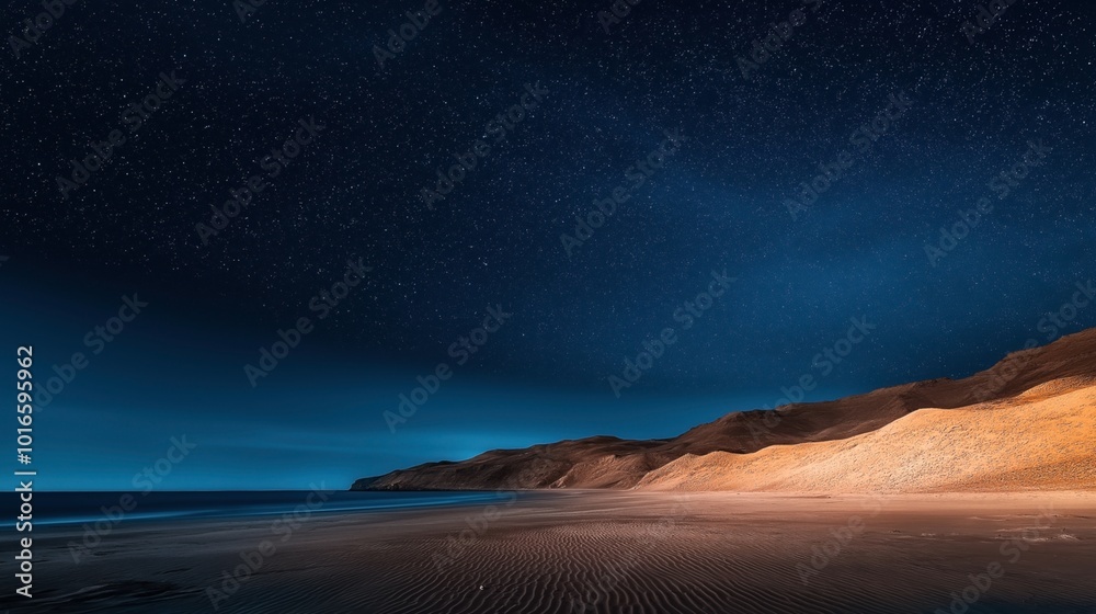 Nighttime beach scene with a star-filled sky, calm ocean waves, and illuminated sand dunes along the shoreline Nighttime beach scene with a star-filled sky, calm ocean waves, and illuminated sand dunes along the shoreline