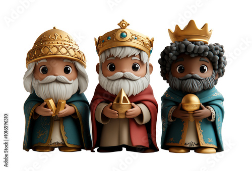 Three wise men in 3d cartoon style celebrating epiphany with gifts , png isolated on transparent. 