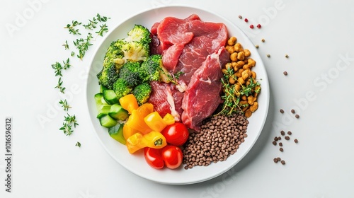 A gourmet dog food dish with raw meat, vegetables, and kibble, beautifully plated as if for a human meal, set against a light grey background.