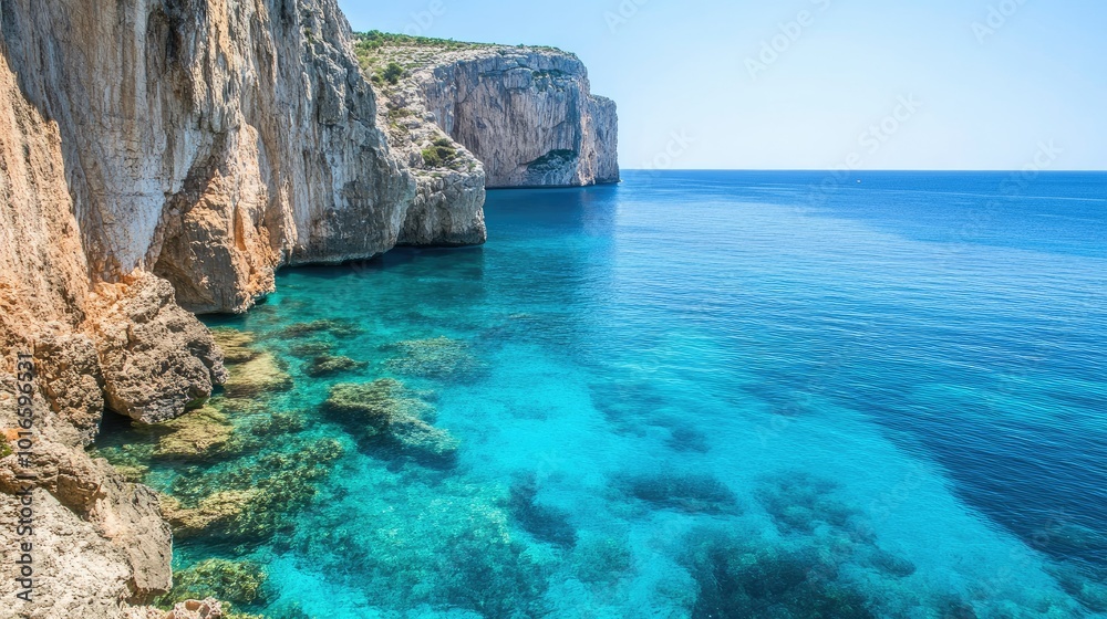 Fototapeta premium Blue sea along the European coast, no people, with plenty of space for text or travel promotion