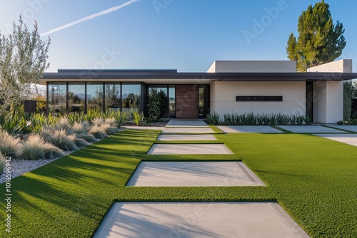 Wallpaper Mural Pale rose artificial grass enhancing the front of a modern home with simple lines and a geometric concrete pathway Torontodigital.ca