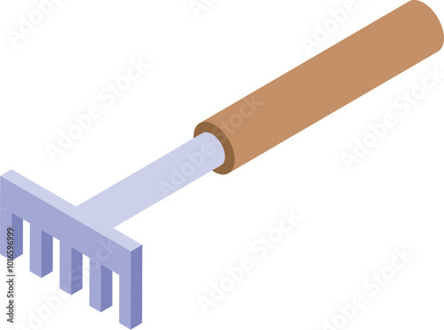 Small gardening rake with wooden handle for loosening soil in isometric view