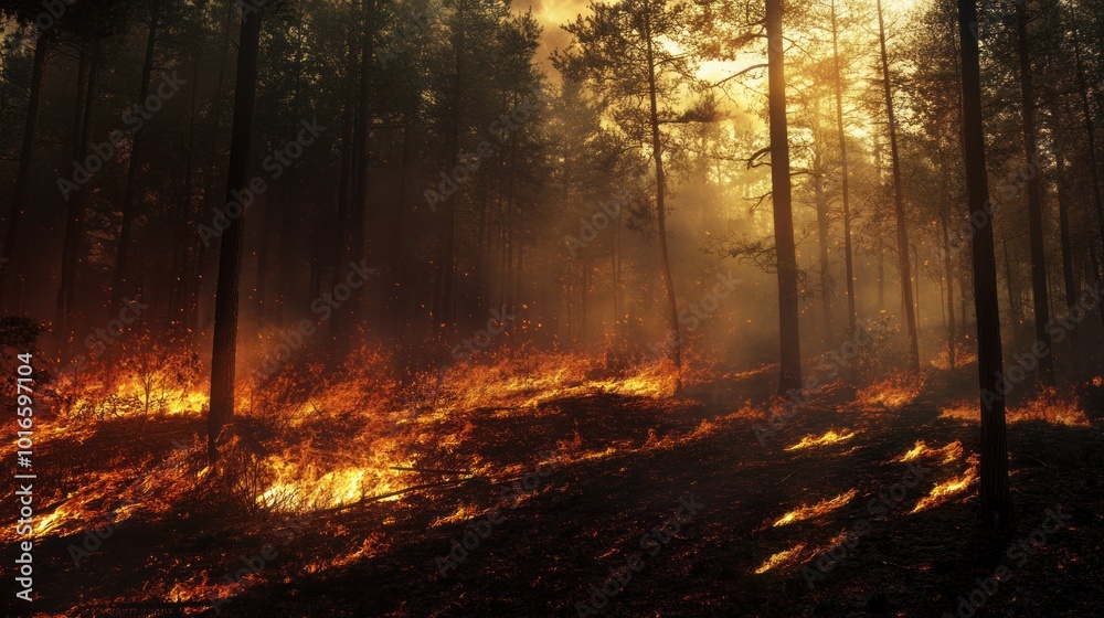 fire in the forest, climate change, global warming concept fire in the forest, climate change, global warming concept