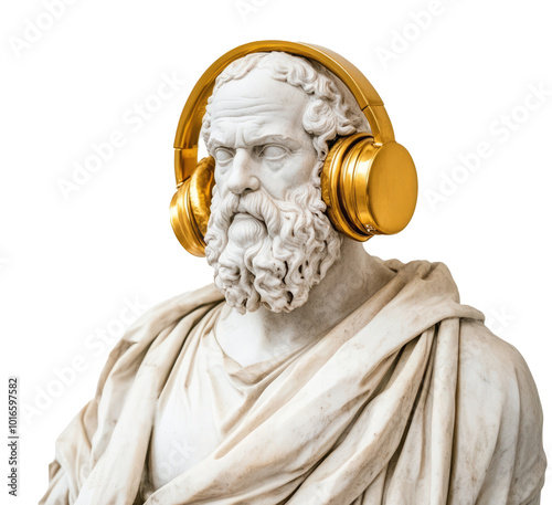 Ancient Greek Socrates sculpture wearing headphones, marble sculpture, modern art. Isolated on whiter or transparent background photo