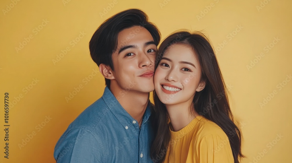Charming couple posing with blue and yellow contrast Charming couple posing with blue and yellow contrast