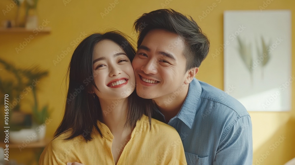 Joyous couple with warm smiles in cozy home setting Joyous couple with warm smiles in cozy home setting