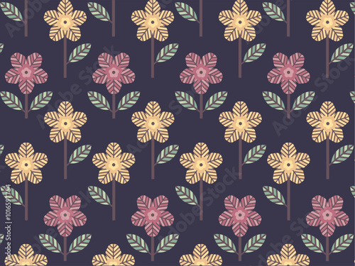 Art & Illustration repetitive geometric flower and leaf pattern.