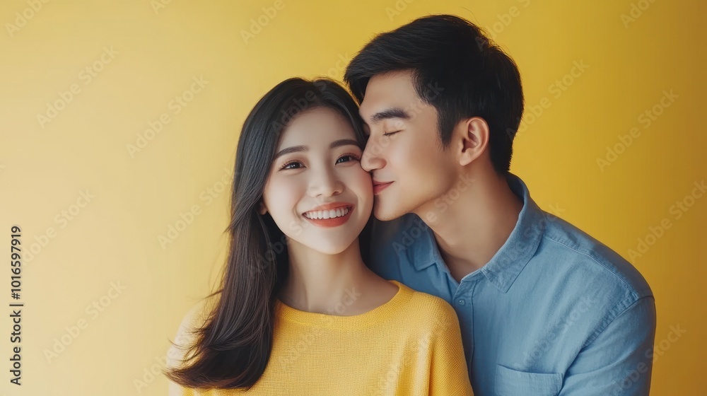 Smiling couple in yellow-themed room kissing tenderly. Smiling couple in yellow-themed room kissing tenderly.