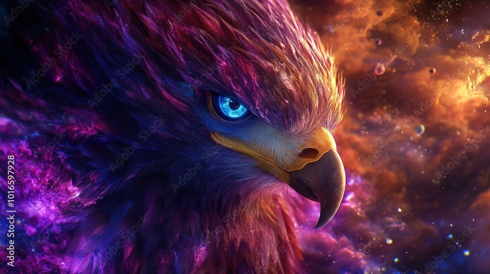 Obraz premium A majestic eagle with piercing blue eyes, surrounded by swirling nebulae and stars.