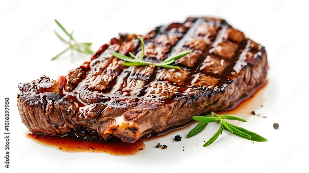Perfectly Grilled Steak with Crosshatch Marks on White Background Juices Glistening