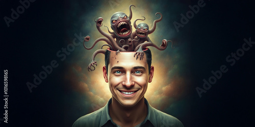 Man with Monsterous Thoughts, Brain Monsters, Strange Surreal Illustration photo