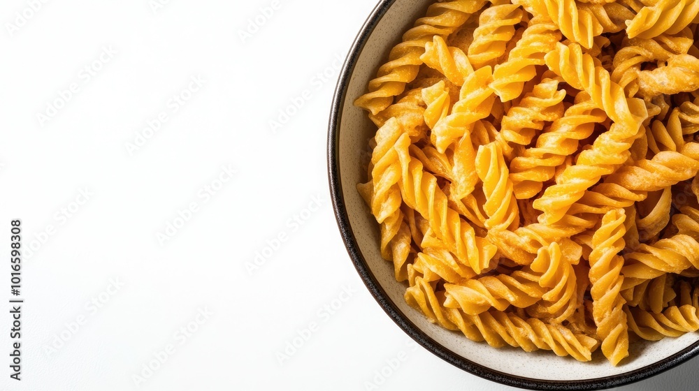 Close-up of cooked pasta in a bowl, isolated on white with copy space for food promotions or recipe cards Close-up of cooked pasta in a bowl, isolated on white with copy space for food promotions or recipe cards