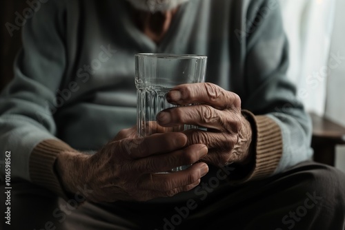 Elderly man sits in chair with hands shaking holding glass of water. Blue sweater, bearded face, blurred background of beige wall, window. Casual attire, aged person struggling with health issue. photo