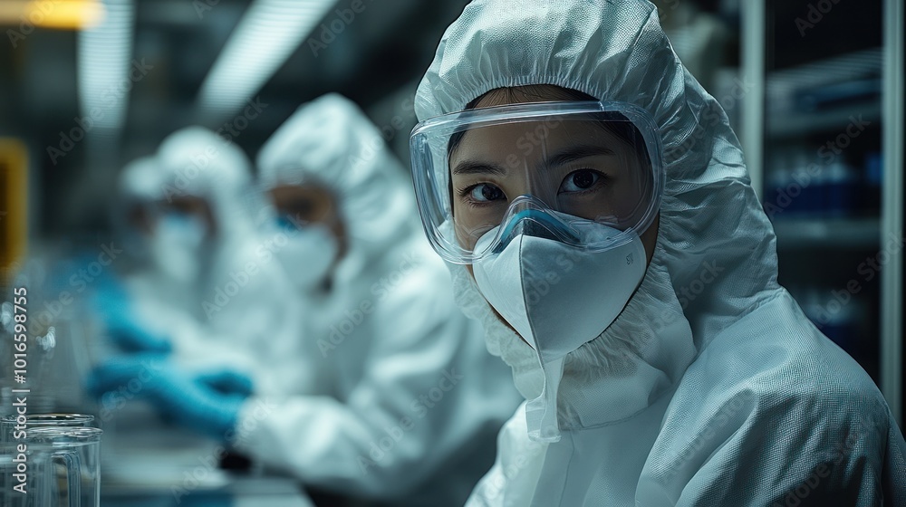 Professionals in lab protective gear with serious focus Professionals in lab protective gear with serious focus