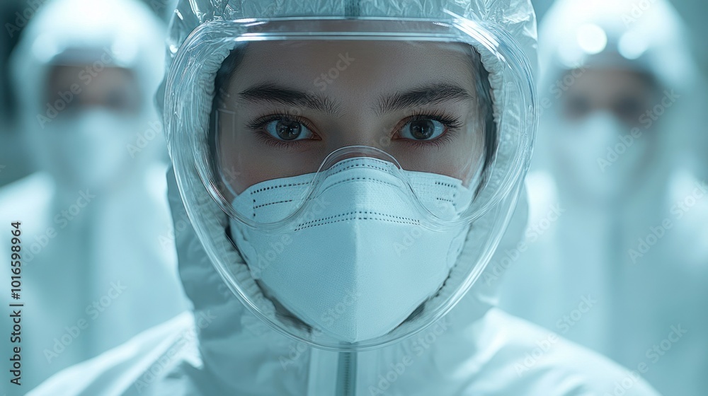 Scientist in protective gear with intense focus Scientist in protective gear with intense focus