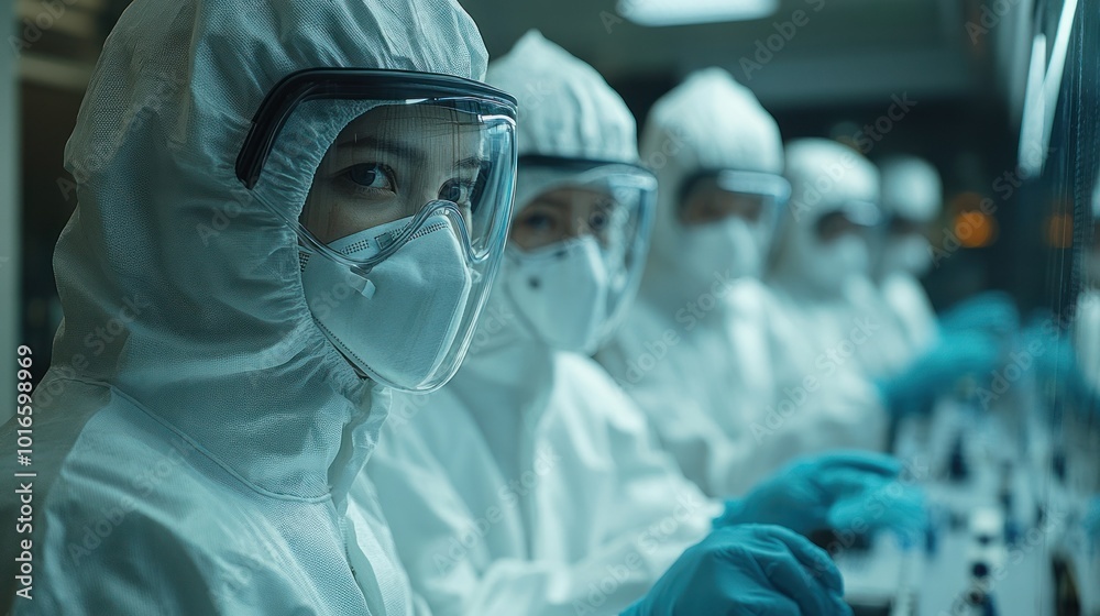 Lab technicians in full protective suits at work Lab technicians in full protective suits at work