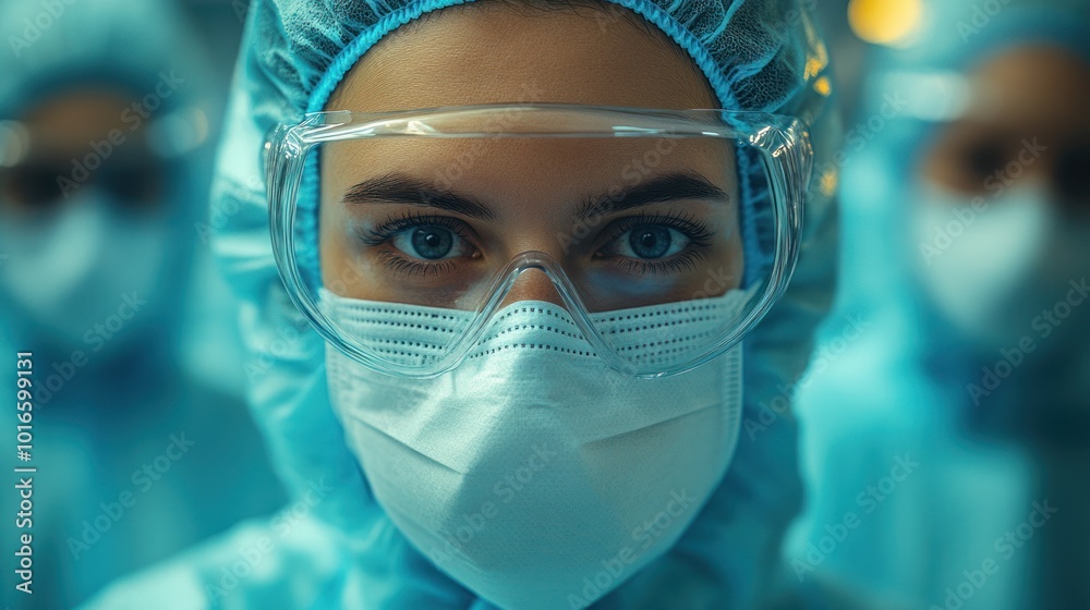 Person in blue sterile suit with determined gaze Person in blue sterile suit with determined gaze