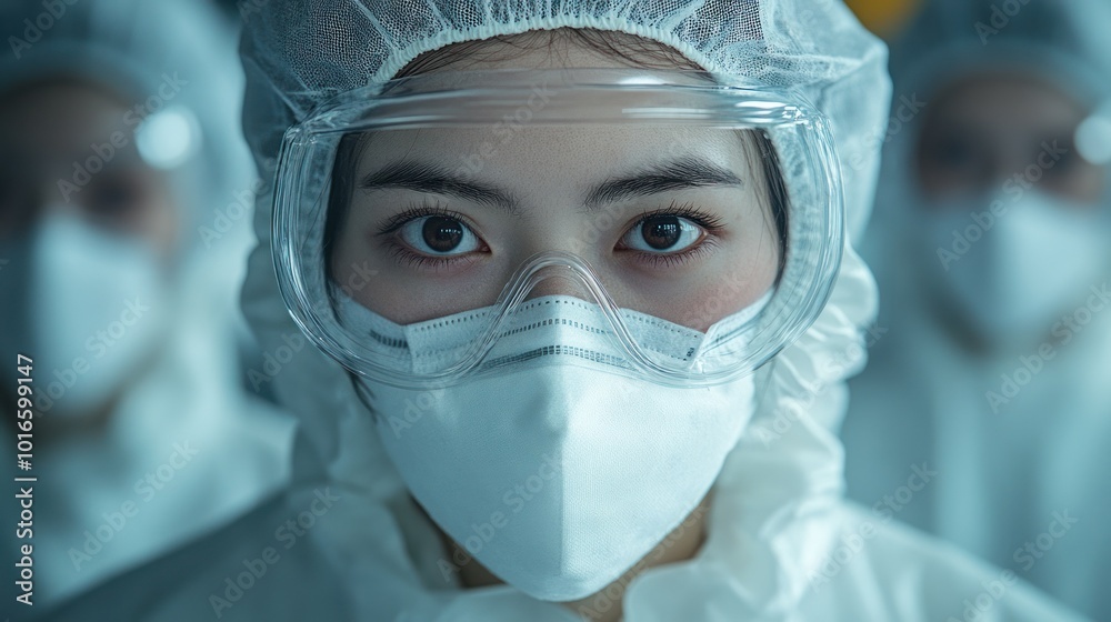 Scientist in protective gear with focused expression Scientist in protective gear with focused expression