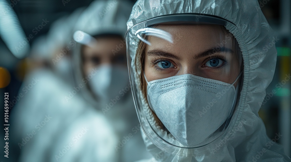 Woman in science lab with mask and goggles on duty Woman in science lab with mask and goggles on duty