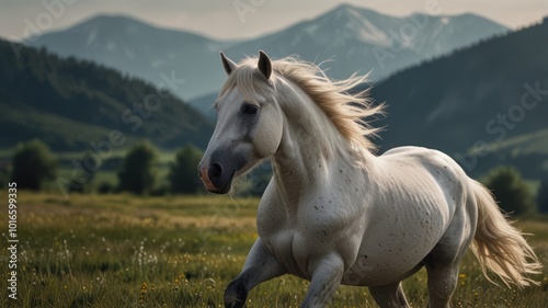 A white horse with a flowing mane gallops through a grassy field with mountains in the background. photo