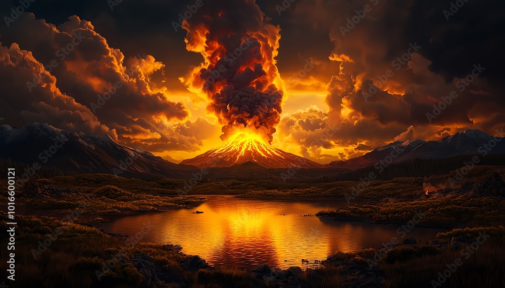 Dramatic volcanic eruption with fiery clouds and stunning sunset reflection on water. Dramatic volcanic eruption with fiery clouds and stunning sunset reflection on water.