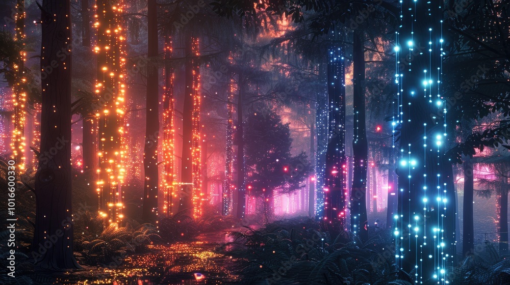 Enchanted forest at night with glowing lights on the trees. Enchanted forest at night with glowing lights on the trees.