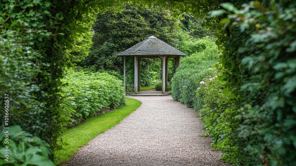 Peaceful Garden Pathway with Pavilion View Peaceful Garden Pathway with Pavilion View