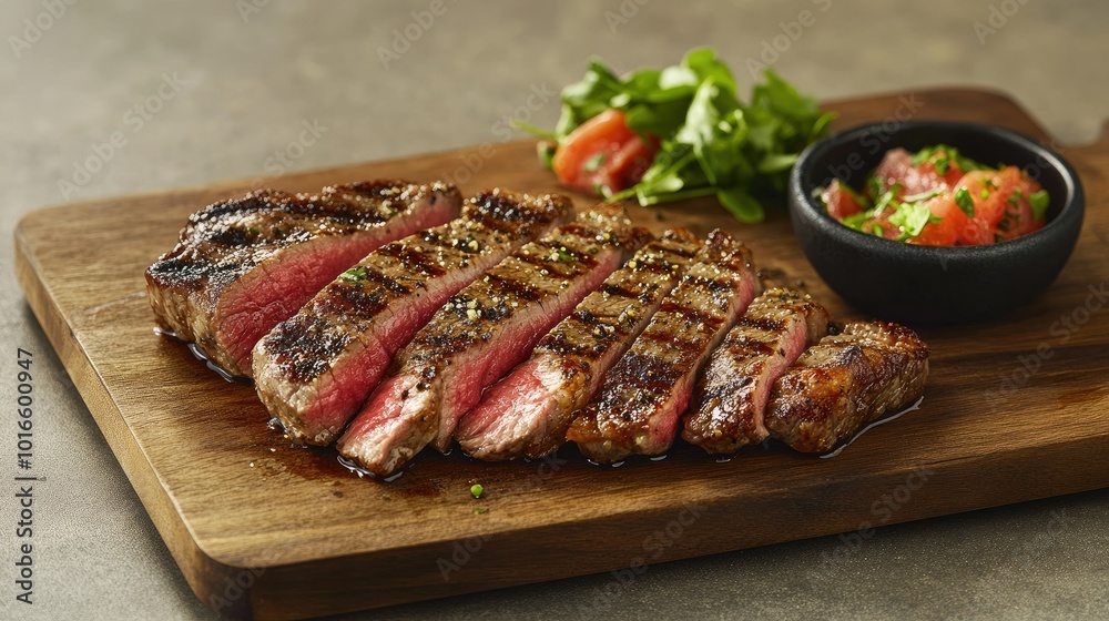 A medium-rare sliced steak with a crispy outside and juicy inside, placed on a cutting board with a solid background. A medium-rare sliced steak with a crispy outside and juicy inside, placed on a cutting board with a solid background.