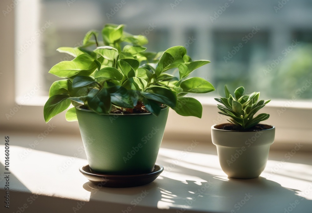 Green plant in a pot on a windowsill. Home atmosphere, flowers, gardening, interior Green plant in a pot on a windowsill. Home atmosphere, flowers, gardening, interior