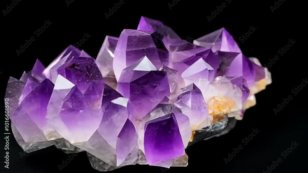 A cluster of purple amethyst crystals sits on a black background