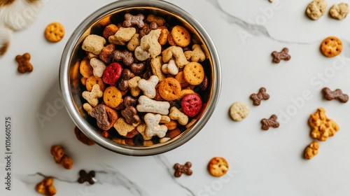 A metal dog bowl filled with a variety of dry and wet dog food, with scattered treats around it, placed on a white tile floor.