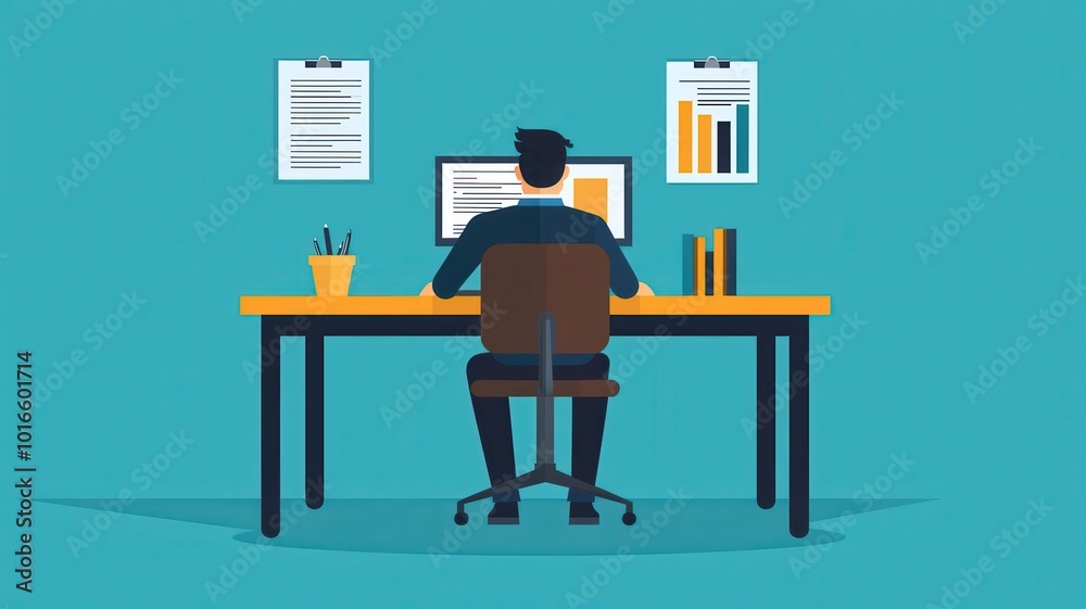 A person sitting at a desk using a computer, surrounded by documents, a plant, and books in a vibrant setting. A person sitting at a desk using a computer, surrounded by documents, a plant, and books in a vibrant setting.