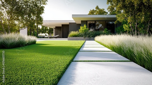 Pearl white synthetic grass surrounding a modern home with minimalist aesthetics and a straightforward concrete path